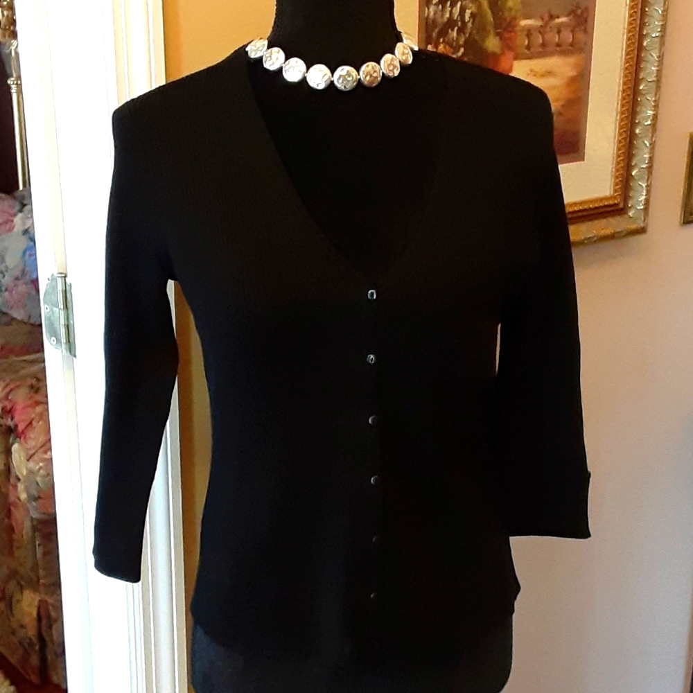 Talbots black ribbed Vneck cotton cardigan 3/4 sleeve stretch SZ Petite 0P NEW…